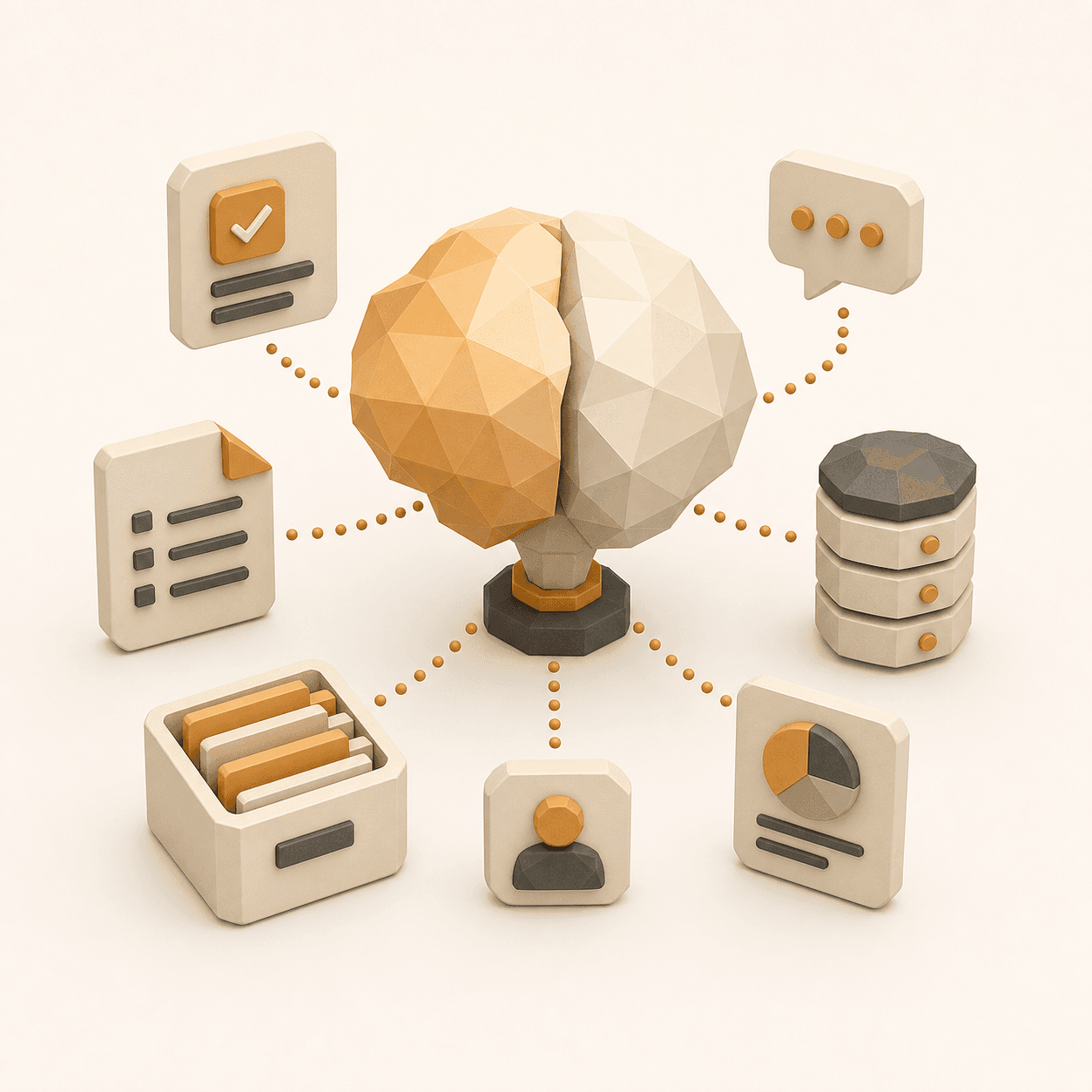 Low-poly brain connected to business memory and customer context