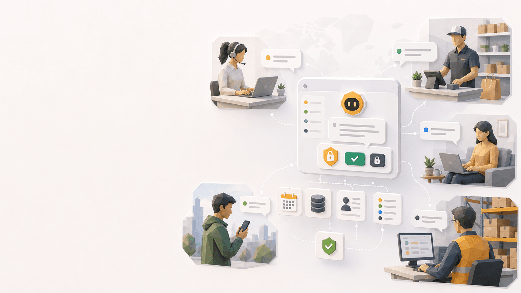 Low-poly people from different sites talking to one smart AI agent with permission controls